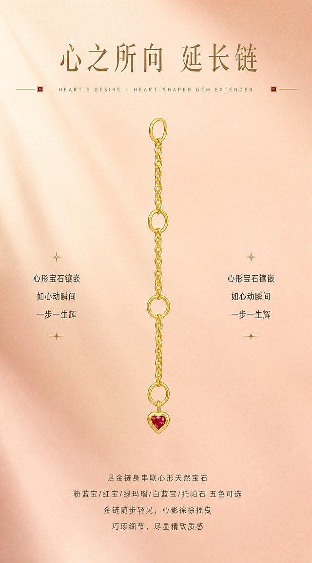 【第3张·爱心款单品页】
[商品] 使用爱心红宝石延长链；严格还原足金原色，温润黄金色泽，古法金磨砂质感，圆润边缘，心形红宝石颜色、通透感、切面反光和镶嵌结构100%还原；去除透明鱼线。
[画面] 爱心延长链纵向悬挂于画面中央偏上位置，产品占画面50%。背景为暖杏色到蜜桃裸粉色的柔和渐变，两侧有柔和光影。画面上方有标题区域，下方有正文区域。
[视觉] 套系策略：风格=高端轻奢珠宝商业摄影；主标题字=精致衬线体，浅金棕色；单品标题字=中号无衬线体；正文字=小号无衬线体，深咖暖灰色；英文字=细体无衬线，拉开字距；主色=暖杏蜜桃裸粉渐变；背景延展=暖杏色到裸粉色柔和渐变，细腻哑光质感；强调色=浅金棕色+酒红色点缀；组件=两侧小方块装饰+细金线+星光；光影=左上方暖柔光，金属高光细腻柔和，红宝石火彩清晰。
[文字] 画面上方居中：主标题"心之所向 延长链"（精致衬线体，浅金棕色，大字号），下方英文"HEART'S DESIRE · HEART-SHAPED GEM EXTENDER"（细体无衬线，拉开字距）。英文两侧有小方块+细金线装饰。产品两侧有三行短句，居中对齐："心形宝石镶嵌""如心动瞬间""一步一生辉"（中号无衬线体，深咖色）。画面底部正文4行居中："足金链身串联心形天然宝石""粉蓝宝/红宝/绿玛瑙/白蓝宝/托帕石 五色可选""金链随步轻晃，心影徐徐摇曳""巧琢细节，尽显精致质感"（小号无衬线体，暖灰色）。文字不遮挡产品主体和宝石。
[规格] 宽度850px，长竖版比例约1:1.8，2K，quality=high。避免鱼线、黄金发白发银、红宝石变色、产品变形、文字遮挡宝石。