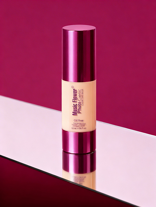 极简摄影风格，产品垂直置于镜面（镜面占画面比约40%）上，对角线构图，无多余装饰，紫红色背景，高级时尚氛围，极简布光，保障融图效果。