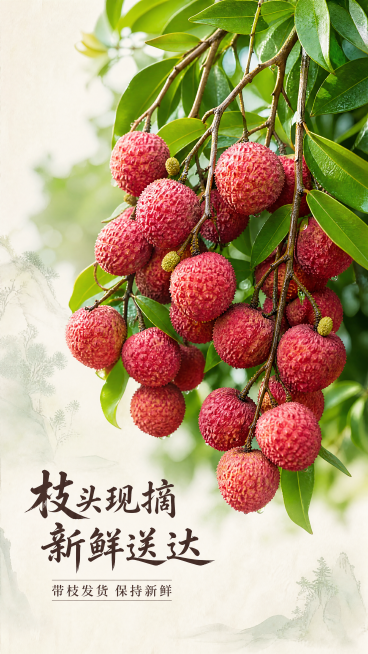 [第7屏] 桂味荔枝整串细节展示屏。
[氛围/风格] 高端新中式国风，自然新鲜氛围感，商业摄影质感。
[元素布局] 整串荔枝从【图1】提取，挂在枝条上带着绿叶，放在画面中上部，占据画面60%主体，保留预览效果