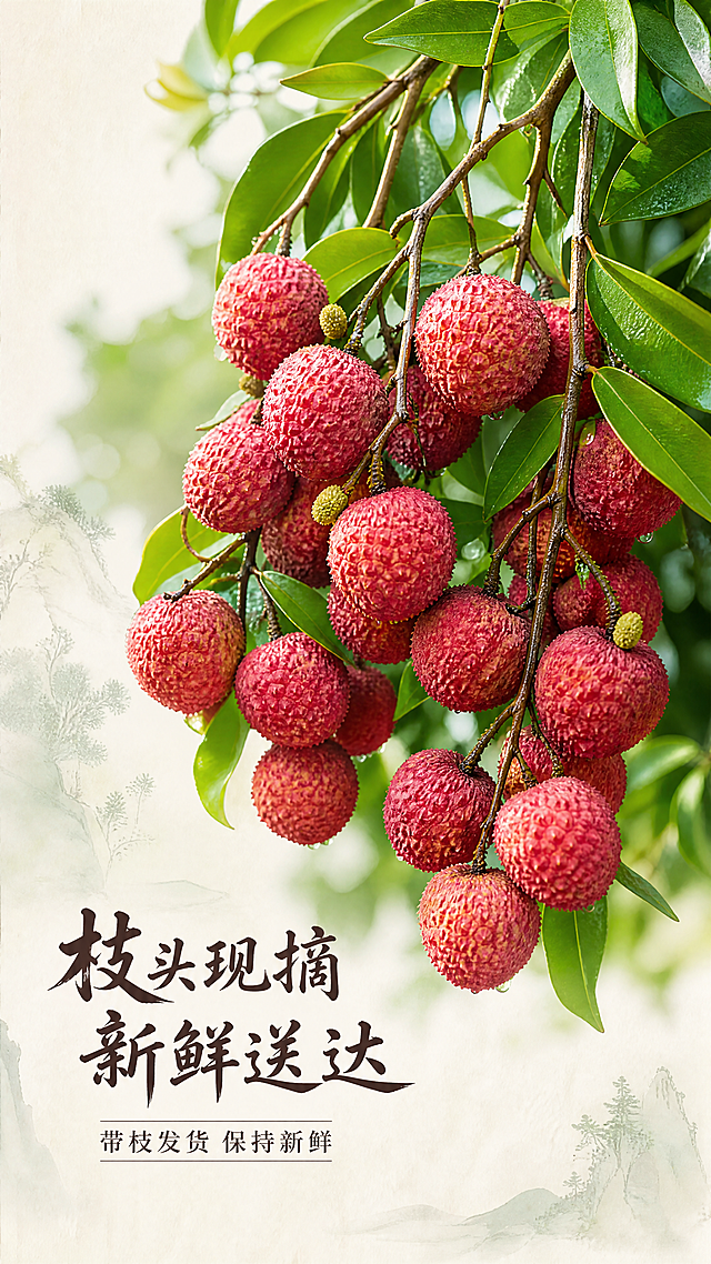 [第7屏] 桂味荔枝整串细节展示屏。
[氛围/风格] 高端新中式国风，自然新鲜氛围感，商业摄影质感。
[元素布局] 整串荔枝从【图1】提取，挂在枝条上带着绿叶，放在画面中上部，占据画面60%主体，保留荔枝红色纹理和绿色叶片质感，背景做浅化处理，文字放在左下区域，底部留白1厘米。
[光影质感] 自然侧光，突出荔枝串整体立体感，叶片脉络清晰，果实饱满有光泽。
[配色色系] 全局底色：#F7F3E9（浅米宣纸色）；主体配色：荔枝红色#E63946、叶片绿色#4DAA57；辅助色：文字深棕#2B2B2B。
[视角构图] 斜侧视角展示整串荔枝，景深效果，主体突出，竖向9:16构图。
[文字版式] 左下主标题「枝头现摘 新鲜送达」，小字副标题「带枝发货 保持新鲜」，沿用全套字体规范：温润书法标题+宋体正文，字色仅深棕深灰，纯色填充，不遮挡荔枝主体。底部留白1厘米。
[比例分辨率] 9:16竖版比例，4K分辨率，文字清晰可辨，超高清。
[负向提示词] 荔枝变形，枝条错乱，果实缺失，颜色偏差，文字错乱，背景杂乱。