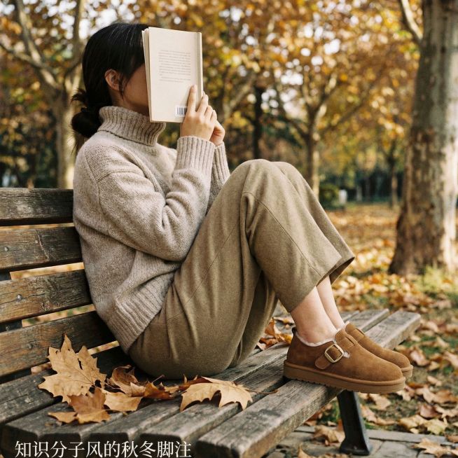 视觉： 户外场景。模特（不露脸或侧脸）身着燕麦色高领毛衣、卡其色羊毛长裤，赤脚穿着勃肯鞋，坐在公园长椅上安静阅读。脚下是几片枯黄的梧桐叶，营造秋冬氛围。构图松弛，人物是环境的一部分。

文案（一行）：预览效果