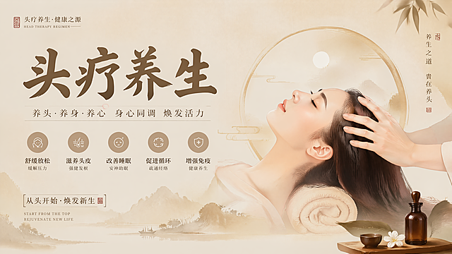 头疗养生海报设计平面图，粒子画质，超清4K，简约养生风格，背景色与采耳海报相近，不添加联系方式和地址