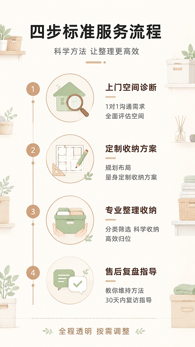 [第3屏] 收纳服务流程拆解-四步标准服务流程图。
[氛围/风格] 清新专业信息图风格，日系极简，步骤清晰，图标化表达，商业设计质感。
[元素布局] 画面采用纵向时间轴布局，从上到下四个步骤；每个步骤配一个圆形图标和简短说明；步骤1是「上门诊断」图标（放大镜+房屋），步骤2是「方案规划」图标（图纸+铅笔），步骤3是「整理收纳」图标（收纳盒+双手），步骤4是「复盘指导」图标（对话气泡+对勾）；时间轴用浅棕色线条连接，每个节点有数字编号1-4；背景是浅米色，点缀简约的收纳小物件插画。
[光影质感] 扁平化设计风格，柔和均匀光照，无强烈阴影，整体干净清爽。
[配色色系] 全局底色 #FAF8F5 暖米白；主色原木棕 #C8A982；辅助色抹茶绿 #A8C3A0、浅灰 #E8E4DE；图标用彩色填充，文字深棕色。
[视角构图] 垂直纵向构图，从上到下阅读动线，居中对称布局。
[文字版式] 顶部主标题「四步标准服务流程」，居中黑体加粗；副标题「科学方法 让整理更高效」，灰色小字居中；四个步骤纵向排列，每步左侧圆形图标+数字，右侧标题+说明文字：第1步「上门空间诊断」说明「1对1沟通需求 全面评估空间」；第2步「定制收纳方案」说明「规划布局 量身定制收纳方案」；第3步「专业整理收纳」说明「分类筛选 科学收纳 高效归位」；第4步「售后复盘指导」说明「教你维持方法 30天内复访指导」；底部小字标注「全程透明 按需调整」；所有文字清晰可读。
[比例分辨率] 9:16 竖版比例，4K分辨率，文字清晰可辨，高清画质。
[负向提示词] 图标变形，水印，文字错乱，文字过小，颜色偏差，布局混乱。