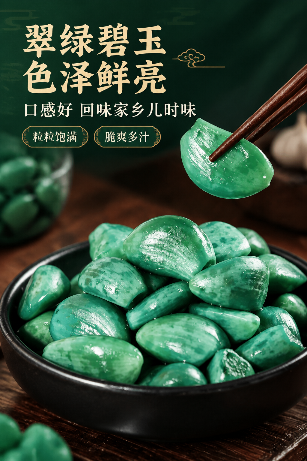 [商品] 使用【图3】碗装腊八蒜特写图；保留蒜粒翠绿碧玉的色泽… - 图片创意预览