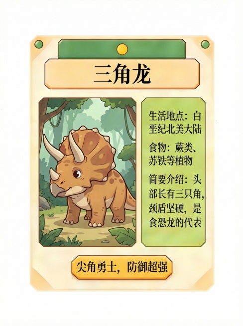 和参考图一样生成10张生成一张卡通恐龙图片要是和游戏卡片一样要有名称生活地点吃的食物等等要和参考图的布局一样并且是卡通风格预览效果