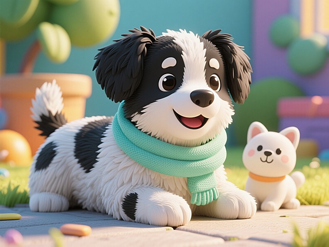 软3D粘土风，萌趣小狗戴围巾，温馨卡通场景，充满可爱与趣味感，适合节日氛围。