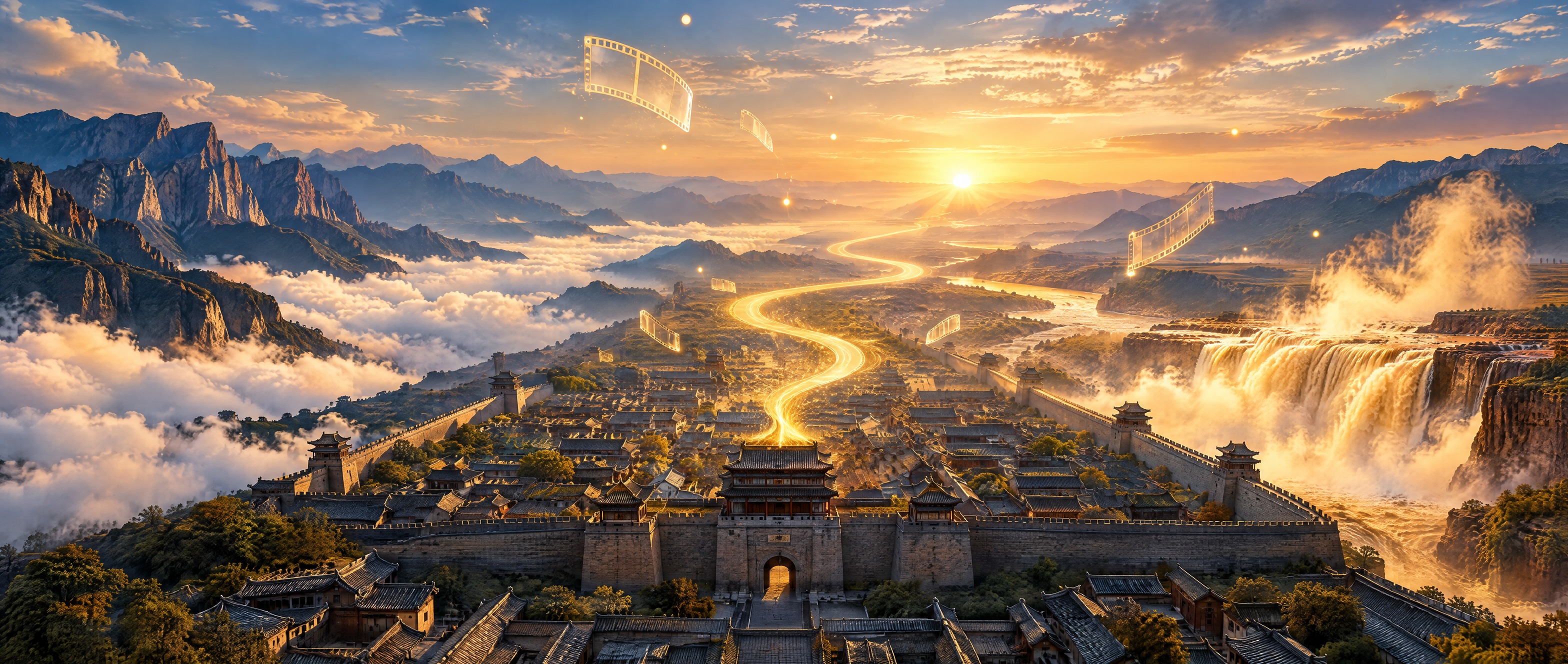 超宽横版（约 2.35:1）电影感大远景海报底图，金色晨光照亮… - 图片创意预览