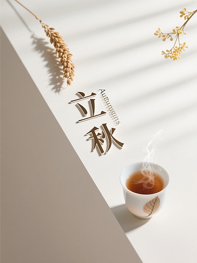 立秋时节，简约中式风格，光影交错，清新茶香，大字风设计。