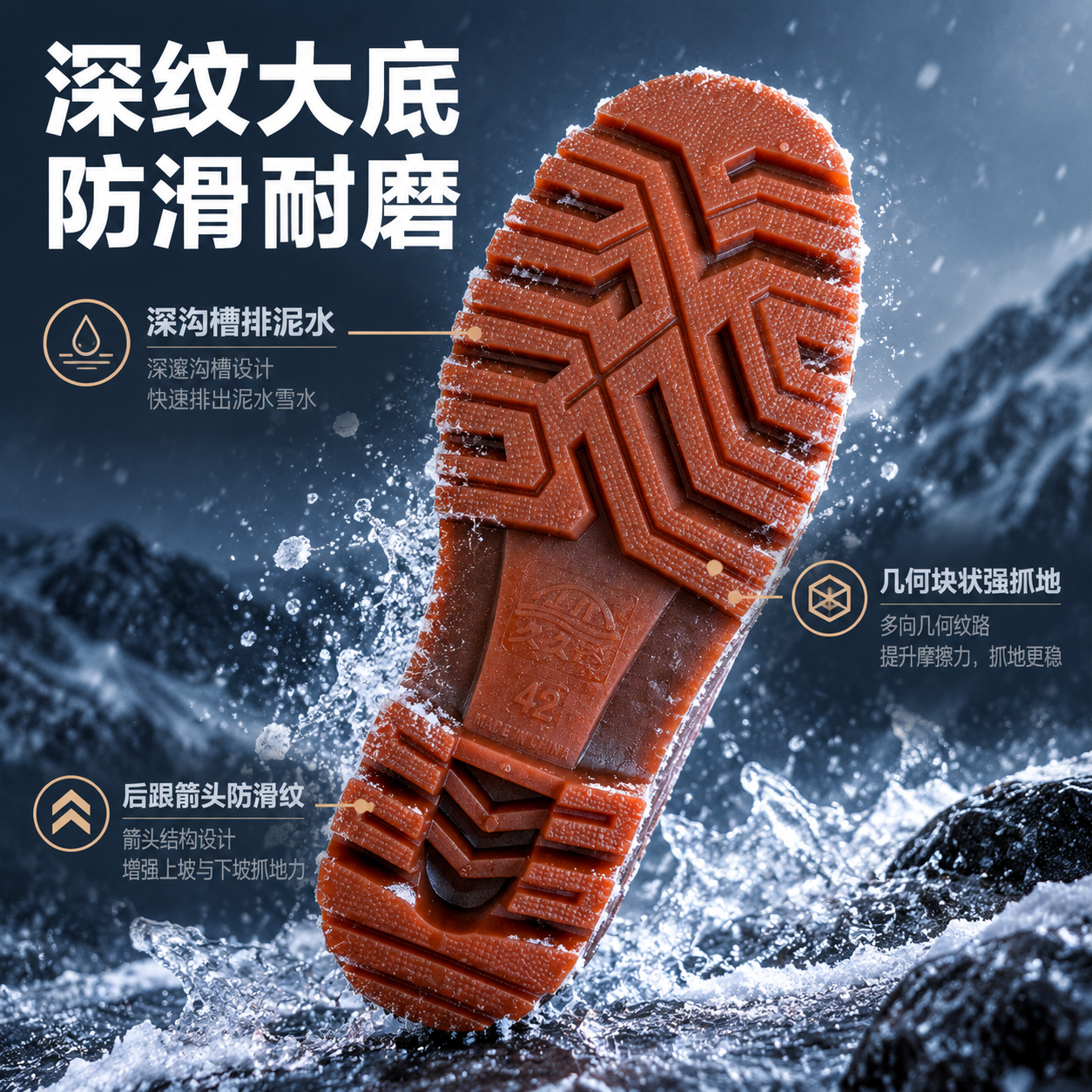 [主图-3] 民望男款冬季加棉雨鞋鞋底防滑展示图，重点展示棕红… - 图片创意预览
