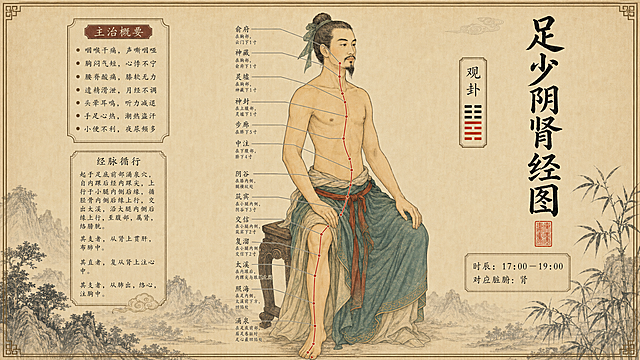 古风中医插画：足少阴肾经图，男性人物坐姿，经络线从足底经小腿内侧至胸部，标注观卦、时辰17:00-19:00、主治概要，淡雅古纸背景，保持原图内容不变