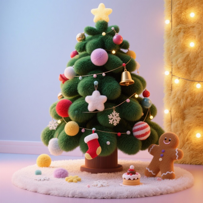 超大号毛绒圣诞树，松针是深绿短绒，挂着毛绒铃铛、毛绒彩球、毛绒星星吊坠，填棉饱满。地面铺着奶白长绒地毯，散落3-5片迷你毛绒雪花和2个小毛绒圣诞袜挂件。圣诞树底座旁摆放1个迷你毛绒姜饼人甜品，短绒面料预览效果