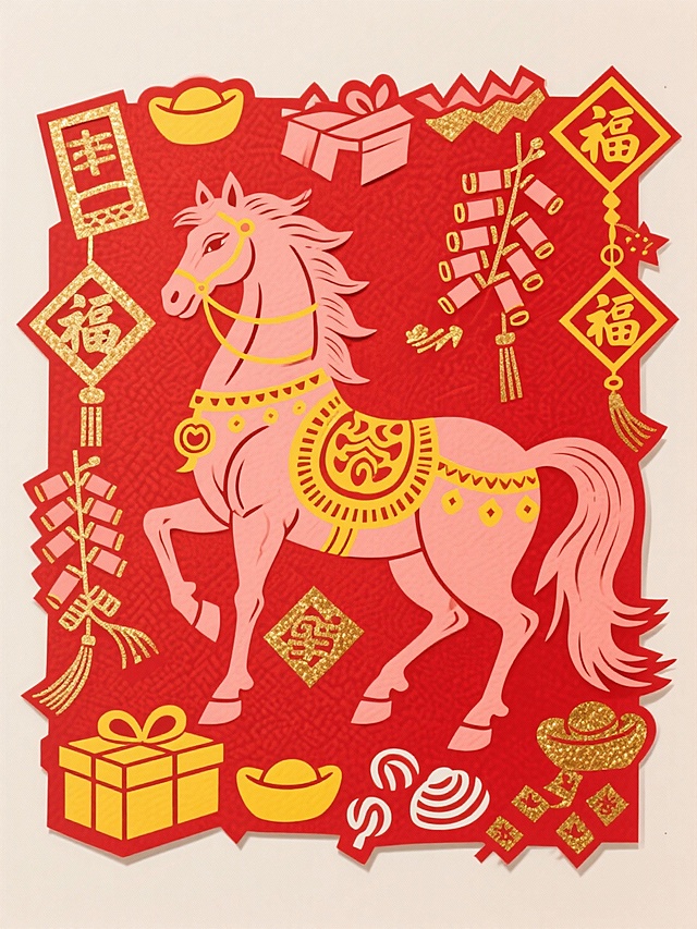 主体是浅红骏马（装饰明黄纹样、拜年帖配饰，点缀金箔质感），周围环绕拜年礼盒、响鞭炮、元宝糖果、福字挂饰等吉祥元素，背景为绛红色纹理，配色浓烈鲜艳（浅红、明黄、绛红、金等），风格喜庆华贵、充满初一登门贺岁的传统年俗寓意