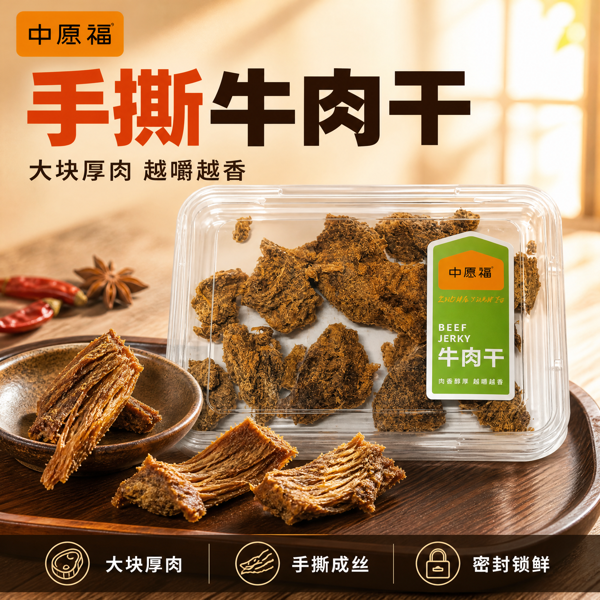 [单张主图] 为食品商品「中原福 牛肉干 BEEF JERKY… - 图片创意预览