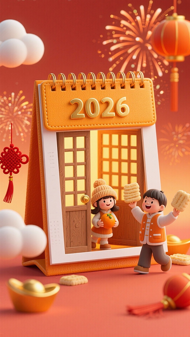主体为橙黄色皮质日历造型，橙红渐变背景，日历上部分是橙黄色页有金色“2026”字样，下为空白页，页中镶嵌一扇木质格栅门（门内透出暖黄色灯光），儿童（门外戴绒线帽的女童抱着橘子推门，门内穿马甲的男童举着年糕模型迎接，神态欢快）；搭配奶油白云朵、橙金烟花与红色中国结元素，色彩温暖饱和，色调暖融融充满年味；背景烟花绽放，云朵边缘晕染暖橙光泽。