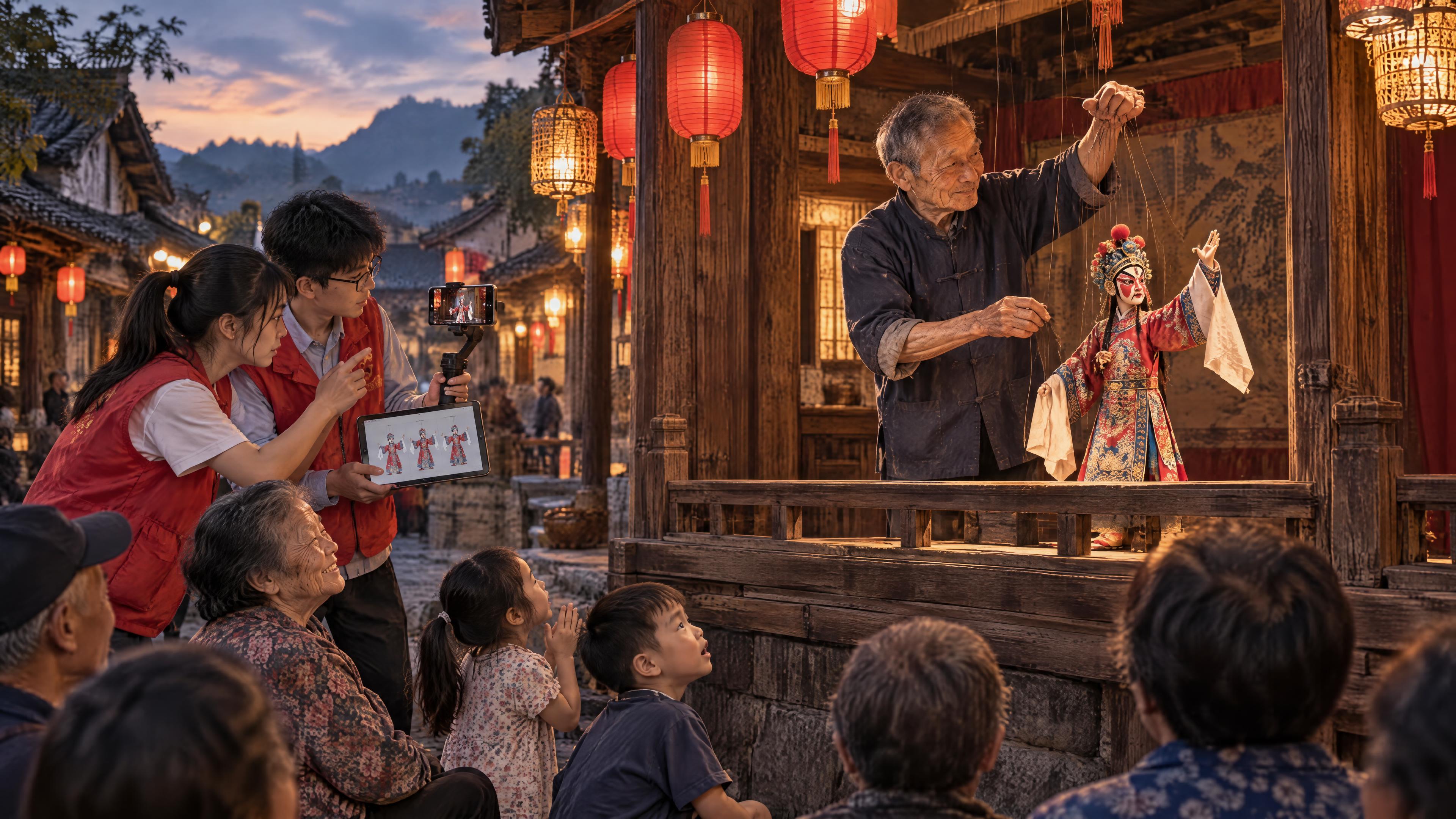 写实纪实摄影，黄昏，浙江平阳乡村戏台，华灯初上。中景镜头：木构… - 图片创意预览