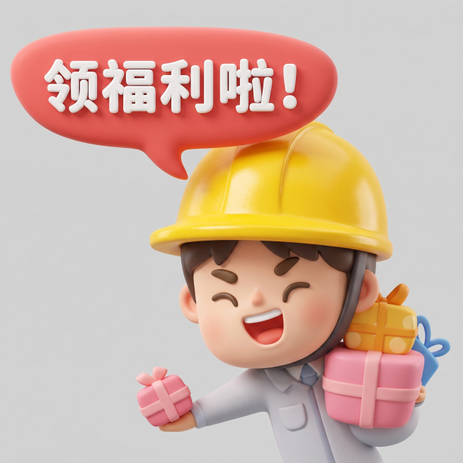 参考这张图，生成一个领福利3D表情包，保留戴黄色安全帽工人、礼物盒和红色气泡文字，文字改为'领福利啦！'，整体改为3D立体风格，保留卡通可爱表情预览效果