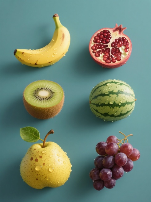六个规整排布的水果造型图案素材，每个素材为单一水果，包含梨子、香蕉、西瓜、石榴、猕猴桃、葡萄，采用超写实风格，水果表面有细腻的纹理和光泽，带有水珠效果，梨子为黄色带褐色斑点配绿色叶子，均以纯色背景呈现，保持统一的光影处理和高清细节。预览效果