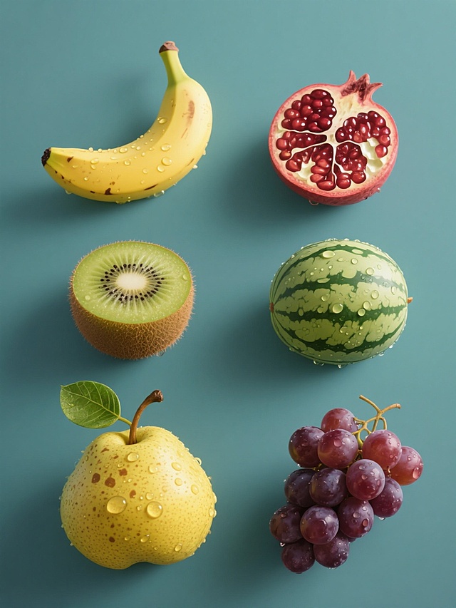 六个规整排布的水果造型图案素材，每个素材为单一水果，包含梨子、香蕉、西瓜、石榴、猕猴桃、葡萄，采用超写实风格，水果表面有细腻的纹理和光泽，带有水珠效果，梨子为黄色带褐色斑点配绿色叶子，均以纯色背景呈现，保持统一的光影处理和高清细节。