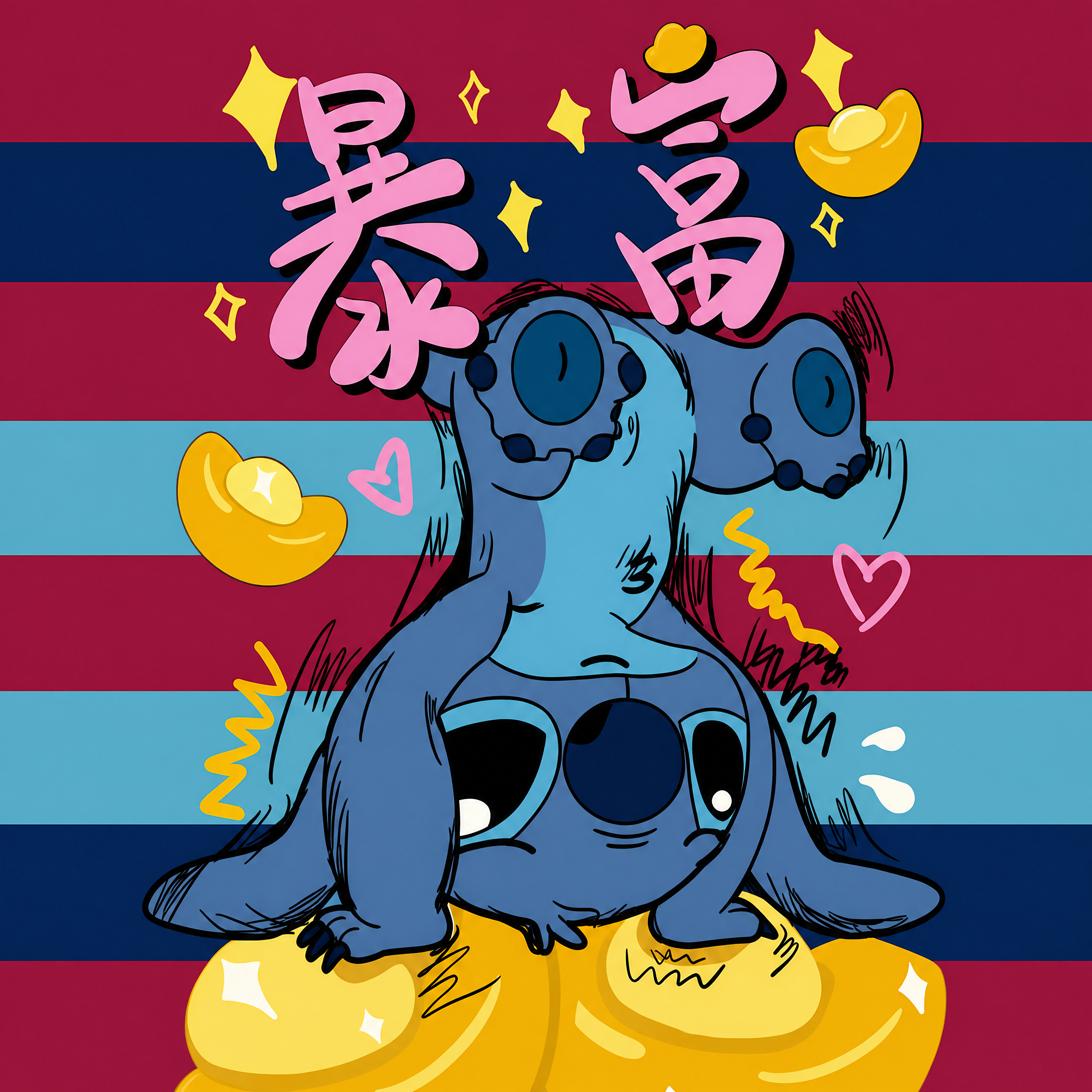 提取图中的门帘图案，史迪奇卡通形象倒立暴富主题。去除中间的竖缝… - 图片创意预览