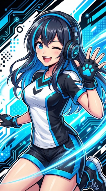 生成和参考图同色系（黑、白、亮蓝）的二次元美女，佩戴电竞耳机，风格活泼灵动，画面为竖着的长图预览效果