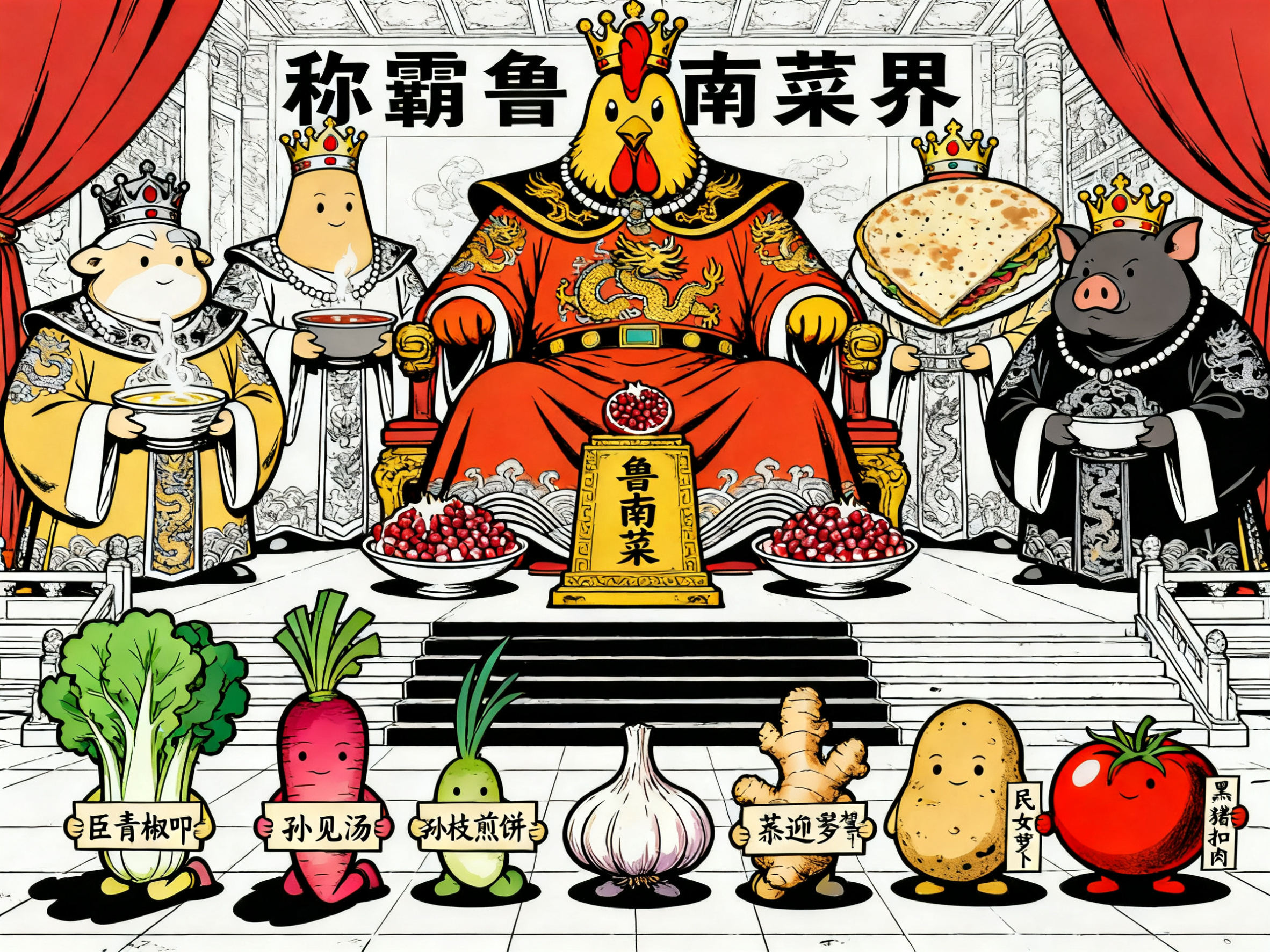 出一张“鲁南菜”帝王图，在威严的朝堂之上，五个菜作为帝王，都是… - 图片创意预览
