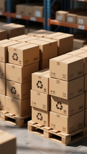 写实风格3D渲染，多个堆叠的棕色瓦楞纸箱整齐排列在木质托盘上，纸箱表面印有回收标志和各类物流标签，整体呈现出仓库或物流场景的专业感，光线明亮柔和从正面偏上方照射，形成自然的阴影和高光，展现出纸箱的材质纹理和立体感，画面构图均衡，物体排列有序，营造出高效、规整的仓储氛围，保持原有的物流仓储主题和写实3D风格，变换纸箱堆叠的组合方式和托盘的排列形态，保留清晰的材质表现和光影效果。预览效果