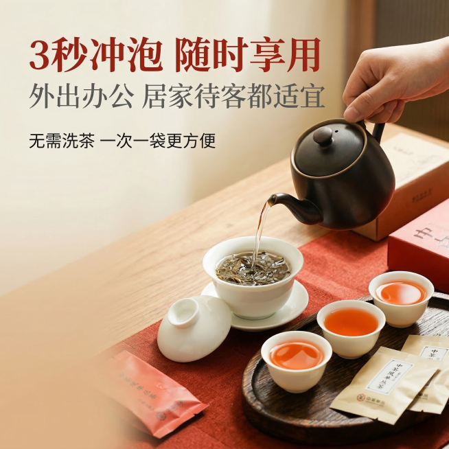 中茶蜜兰香凤凰单丛茶冲泡场景主图，风格与前序统一，暖调生活化氛围。画面右侧一只手正将热水注入白瓷盖碗，旁边摆放独立小茶包、三小杯橙红透亮的茶汤（与用户上传茶汤图一致），背景是简约原木茶桌，暖柔自然光。预览效果