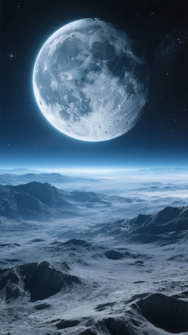 一张超高清的月球主题科幻风景海报，画面上方是占据近半个天空的巨大月球，表面布满深邃的环形山和陨石坑，细节清晰可见，月球边缘散发着柔和的银白色光晕，照亮了下方的月球表面。下方是广袤的月球地貌，崎岖不平的山脉和山谷覆盖着一层薄薄的月尘，呈现出灰蓝色调，远处的地平线在微光中若隐若现，背景是深邃的宇宙星空，点缀着稀疏的星辰，整体画面采用深邃的蓝黑色调与明亮的银白色形成强烈对比，营造出神秘、宁静而又壮丽……预览效果