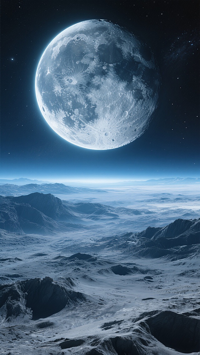 一张超高清的月球主题科幻风景海报，画面上方是占据近半个天空的巨大月球，表面布满深邃的环形山和陨石坑，细节清晰可见，月球边缘散发着柔和的银白色光晕，照亮了下方的月球表面。下方是广袤的月球地貌，崎岖不平的山脉和山谷覆盖着一层薄薄的月尘，呈现出灰蓝色调，远处的地平线在微光中若隐若现，背景是深邃的宇宙星空，点缀着稀疏的星辰，整体画面采用深邃的蓝黑色调与明亮的银白色形成强烈对比，营造出神秘、宁静而又壮丽的宇宙氛围，构图上月球位于上半部分，下方是广阔的月面景观，形成稳定的视觉平衡，整体风格写实且具有强烈的空间感和科技感。