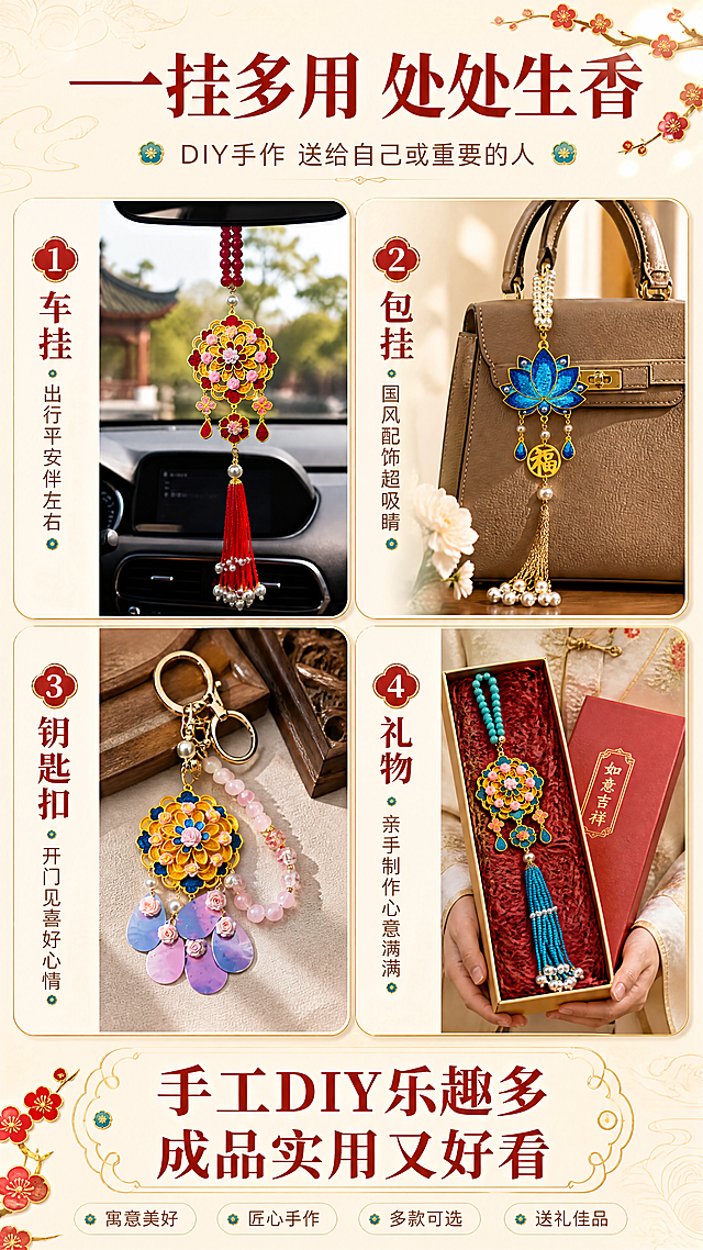 [商品] 使用【图1】【图3】【图5】多款成品挂件（团花款、莲花款、钥匙扣款）；保留各款挂件的全部结构、颜色与细节；商品处理：保留原貌，增强整体质感与光泽。
[画面] 目标：DIY玩法与使用场景页，展示成品的多种用途，激发购买欲与动手乐趣。构图：多场景拼图布局，3-4个小场景格（车挂场景、包挂场景、钥匙扣场景、送礼场景），底部配总结文案；主体占画面60%；景别：多场景组合中景；阅读动线：从上至下，场景1→2→3→4→底部总结；前中后景：各场景独立构图，有车内后视镜、包包、手捧礼物等真实场景。
[视觉] 套系策略：风格=国风新中式商业产品摄影，精致手作感；标题字=国风宋体粗体（思源宋体Heavy）；正文字=圆润无衬线体（思源黑体Regular）；主色=暖金色+朱砂红；背景延展=基于米白/浅灰做同色系暗纹墙纸质感、深浅渐变、柔光晕染；强调色=松石蓝，仅用于小面积图标、引线和装饰元素；标题色=深朱砂红；正文色=深棕灰；组件=圆角金线信息卡、细金线引线、梅花形装饰点；光影=左前侧45度暖柔光，右侧补光，挂件边缘有金色轮廓光，背景柔和虚化。
[文字] 顶部大标题：一挂多用 处处生香；副标题：DIY手作 送给自己或重要的人；4个场景分别标注：① 车挂 · 出行平安伴左右；② 包挂 · 国风配饰超吸睛；③ 钥匙扣 · 开门见喜好心情；④ 礼物 · 亲手制作心意满满。底部总结：手工DIY乐趣多 成品实用又好看。
[规格] 图片比例9:16竖版，4K分辨率，负向提示：避免变形、错字、文字过小、场景违和、颜色失真、冷蓝灰背景、极限词、二维码。