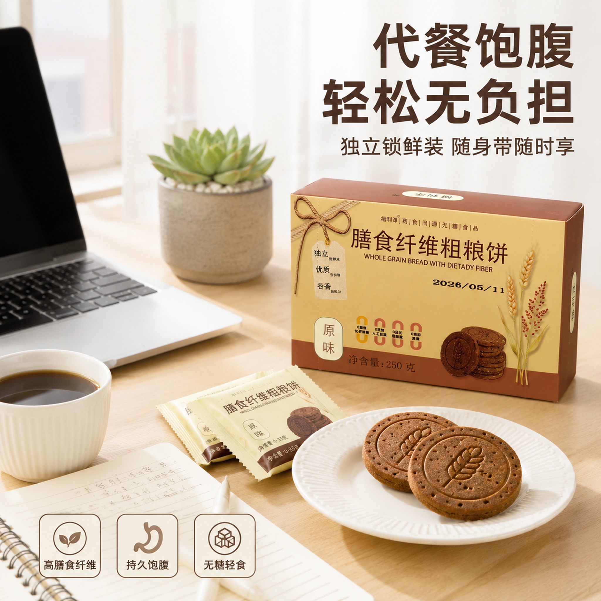 [主图-4] 膳食纤维粗粮饼生活场景图，办公代餐健康轻食。 [… - 图片创意预览