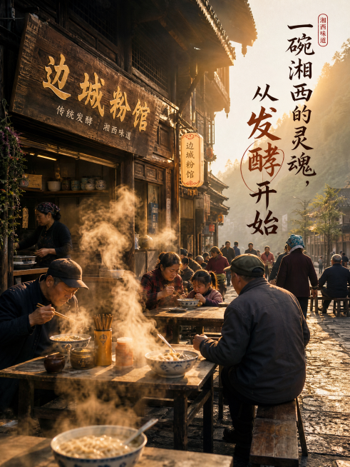 湘西边城老街道，街边开着一家边城粉馆，街头充满市井烟火气息，粉馆前摆放着餐桌，刚做好的米粉冒着热气腾腾的白汽，阳光洒进街道，周围坐着吃早餐的当地人，配上文字“一碗湘西的灵魂，从发酵开始”，整体风格温暖预览效果