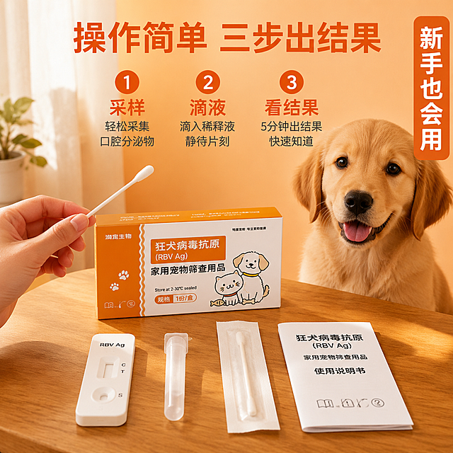 [主图-2] 宠物检测盒操作简单场景 居家使用演示 橙色调。
[氛围风格] 温馨居家风 橙色调 操作简单直观 信任感强 拼多多风格。
[画质] 超高清商业摄影质感 光线明亮柔和 画面清晰真实 步骤演示清楚。
[元素] 画面展示居家桌面场景，暖橙色背景墙。桌面上摆放宠物狂犬病毒检测盒全套组件：检测卡、采样拭子、稀释液管、说明书，整齐排列呈knolling平铺风格。画面右侧有一只可爱的金毛幼犬（或橘猫）安静坐着，只露出上半身，表情温顺。画面左侧有一只手（仅露出手部局部）正拿着采样拭子做演示动作，动作简单自然。背景有温馨的居家元素如浅色窗帘、小盆栽。保持检测盒产品外观（即物理结构、材质质感、颜色、图案）与输入产品图一致，杜绝任何变形和色差，精细化处理。商品主体占比约55%，画面满屏无边框。画面禁止出现多余的手、多余的手指、畸形手、融合手指、手部扭曲、人物面部扭曲。
[光影] 主光从正上方柔和打下 自然光质感 桌面物品明亮清晰；整体光线均匀温暖 橙色调氛围 阴影柔和不生硬。
[配色] 主色暖橙色（背景主调 文字主色）；辅色白色（产品 桌面 辅助文字）；点缀色浅木色 绿色（小盆栽）。
[视角构图] 俯视45度角 桌面物品平铺展示 宠物在侧下方增加场景感 画面层次分明 信息清晰。
[文字版式] 画面上方居中排版 大字醒目。主标题"操作简单 三步出结果" 深橙色大号粗黑体；下方用三个橙色圆形序号标注步骤：①采样 ②滴液 ③看结果 每个序号下方配白色小字说明。右侧竖排文字"新手也会用" 白色粗体 橙色底竖条。所有文字清晰可辨 不遮挡产品主体。
[输出要求] 1:1比例 文字清晰锐利 超高清商业摄影质感。
[负向提示词] 变形 文字错乱 产品模糊 背景杂乱 水印 电商平台Logo 多余手指 手部扭曲。