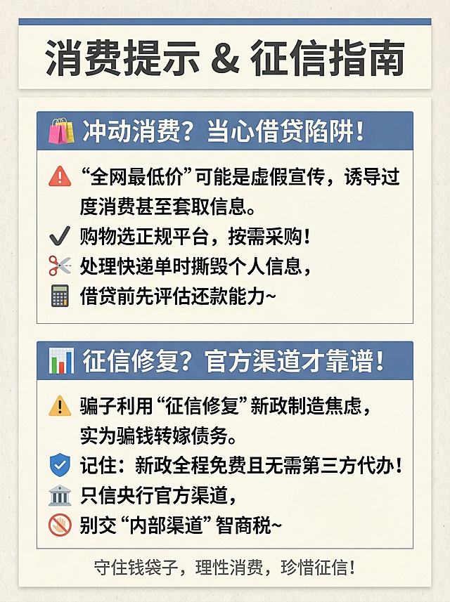 小红书笔记长图，简约清晰风格，配色不超4种，布局主次分明，文字清晰可读。包含文案：🛍️冲动消费？当心借贷陷阱！“全网最低价”可能是虚假宣传，诱导过度消费甚至套取信息。购物选正规平台，按需采购！处理快递单时撕毁个人信息，借贷前先评估还款能力~📊征信修复？官方渠道才靠谱！骗子利用“征信修复”新政制造焦虑，实为骗钱转嫁债务。记住：新政全程免费且无需第三方代办！只信央行官方渠道，别交“内部渠道”智商税~
