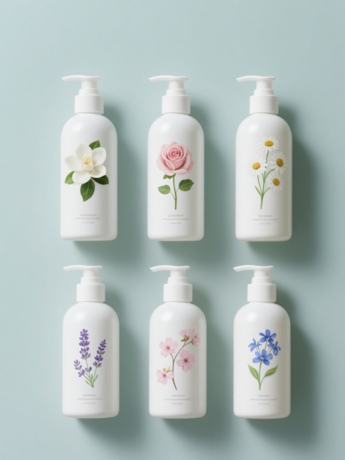 纯色背景上，6个不同图案的洗发水系列素材集合规整排布，每个洗发水瓶身设计简约，瓶身为白色圆柱形，瓶盖为白色按压式，分别带有栀子花、玫瑰花、小雏菊、薰衣草、樱花、蓝风铃的相应花卉图案，花卉图案色彩清新自然，与白色瓶身形成和谐对比，整体画面色彩清新自然且色调变换，背景简洁干净突出洗发水和花卉主体，营造出清新、自然、雅致的氛围，具有良好的视觉层级和信息传达效率，符合护肤品的宣传目的和目标受众审美，无……预览效果
