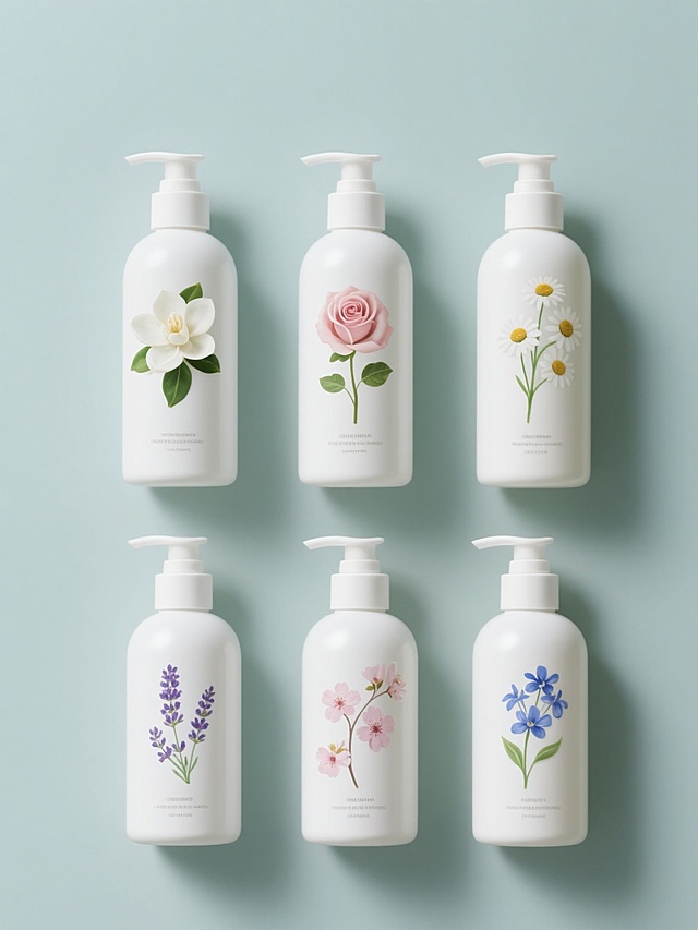 纯色背景上，6个不同图案的洗发水系列素材集合规整排布，每个洗发水瓶身设计简约，瓶身为白色圆柱形，瓶盖为白色按压式，分别带有栀子花、玫瑰花、小雏菊、薰衣草、樱花、蓝风铃的相应花卉图案，花卉图案色彩清新自然，与白色瓶身形成和谐对比，整体画面色彩清新自然且色调变换，背景简洁干净突出洗发水和花卉主体，营造出清新、自然、雅致的氛围，具有良好的视觉层级和信息传达效率，符合护肤品的宣传目的和目标受众审美，无文字，高清晰度，柔和光线，真实材质感，瓶身有细腻的光影过渡和轻微的反光效果，花卉图案细节清晰、精致，排列整齐有序，视觉上平衡舒适。