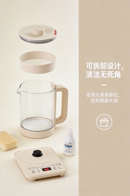 严格还原上传养生壶产品图，包括包装设计、颜色、LOGO位置、文字内容、图案元素等所有细节；产品尺寸保持1:1还原；奶油治愈风+无衬线极简文字，高清商业质感，整体柔和统一无割裂感。2:3竖屏电商详情易清预览效果