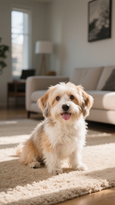 一只毛发蓬松柔软、毛色为浅棕色与白色相间的小狗，耳朵下垂，嘴巴微张吐着舌头，眼神明亮，正坐在阳光明媚的室内客厅柔软的米色地毯上，背景有简约现代的沙发和装饰画，光线柔和温暖，呈现出高清写实的摄影风格，画面清晰，细节丰富，充满温馨舒适的居家氛围。预览效果