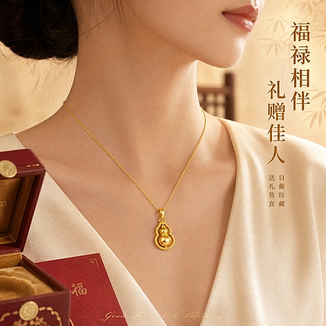 [主图-3] 古法金镂空葫芦吊坠佩戴场景与礼赠价值图，展示吊坠上身效果与国风穿搭氛围，强化送礼属性。
[统一基调] 整体风格为精致国风珠宝大片，背景主色为香槟金渐变到奶油白，搭配浅米色丝绸衬底与隐约竹影纹理；标题字色为哑光深金，辅助字色为暖棕褐色；字体使用纤细优雅的国风宋体，标题加粗醒目，辅助文字缩小50%以上；整体光影柔和，用柔光箱高光勾勒金属轮廓，窄条轮廓光突出葫芦圆润弧度，金属表面呈现细腻古法磨砂质感，无廉价塑料高光。
[画面] 画面主体为一位东方女性的颈部与锁骨局部特写，肤色白皙，穿着米白色真丝V领上衣；脖子上佩戴一条细款金色项链，吊坠就是这款镂空葫芦吊坠，垂落在锁骨中央位置，展示真实佩戴比例与贴肤效果；女性肩部微微侧转，呈现优雅姿态；背景为虚化的浅香槟色室内环境，隐约可见中式木质家具轮廓；画面左下角放置一个半开的暗红色国风首饰盒，盒内有金色绒布内衬，旁边叠放一张小型红色贺卡，强化礼赠场景；吊坠在颈部光影下呈现温润的金色光泽。
[光影质感] 人像珠宝摄影质感，自然光感柔和，主光从前方偏侧打来，在吊坠表面形成自然高光，皮肤质感细腻通透；真丝上衣有柔和的丝绸光泽；背景虚化自然，景深突出吊坠主体；整体色调温暖雅致，国风氛围浓厚。
[配色] 主色调：暖金色、米白色、浅肤色；点缀色：暗红色首饰盒、深金色文字、暖褐色辅助文字；整体配色温暖高级，符合礼赠场景的喜庆感与品质感。
[文字版式] 画面右上角竖排主标题「福禄相伴 礼赠佳人」，使用加粗国风宋体，深金色；下方小字「自戴珍藏 送礼皆宜」，暖褐色，字号缩小60%；画面底部有一行更小的装饰性英文手写体「Good Fortune & Blessing」，浅金色；所有文字均在负空间，不遮挡吊坠与人物主体；文字占比不超过20%。
[输出要求] 比例1:1，2048x2048像素，2K分辨率；吊坠外观结构与原图一致，佩戴比例真实自然，人物颈部皮肤自然无畸形；负向：模糊、变形、错字、水印、平台Logo、面部扭曲、畸形颈部、皮肤瑕疵、产品穿模、廉价感、粗描边字。