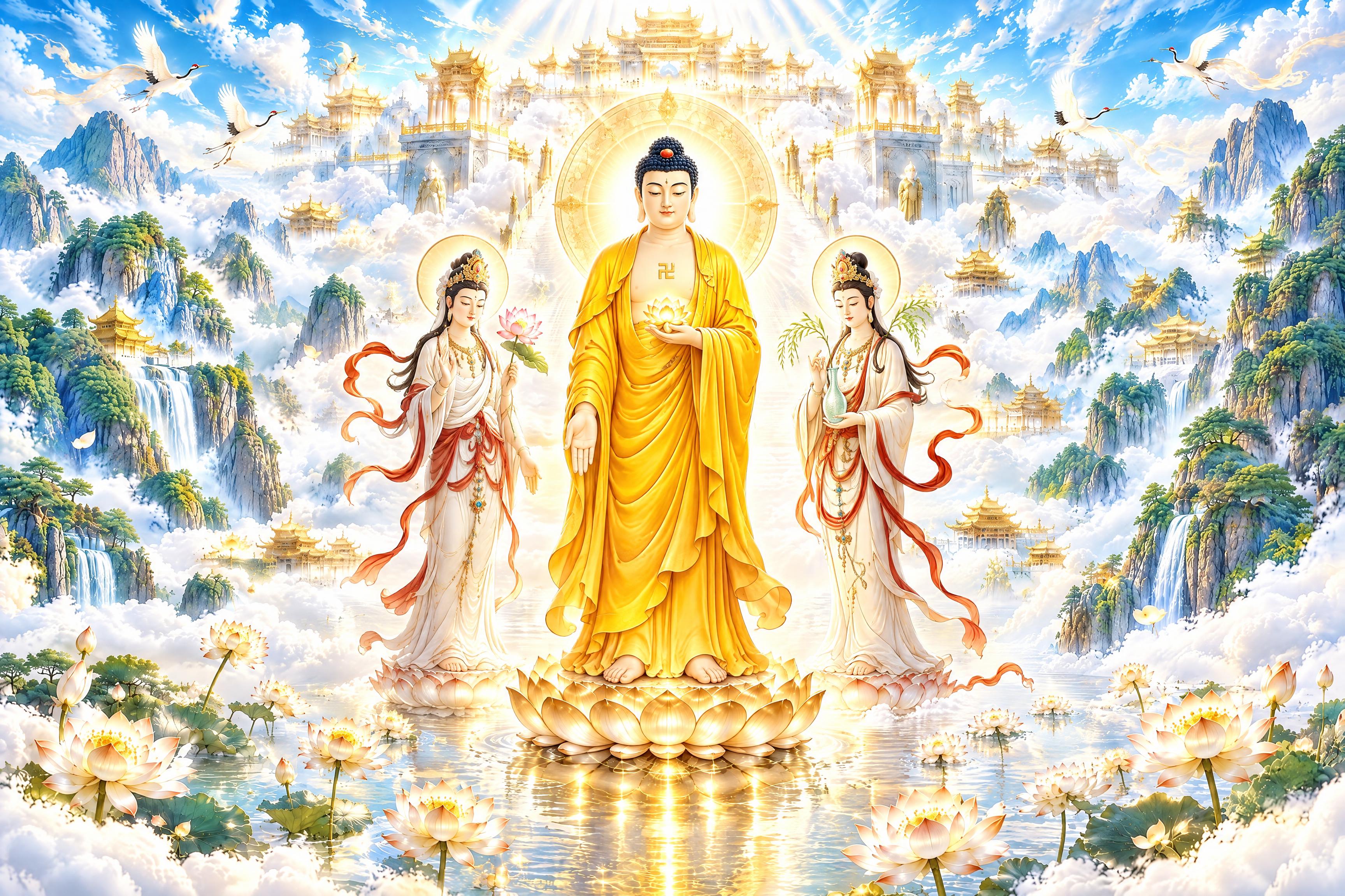 保留图一的天宫圣境背景（云海、金色天宫宝殿、仙山瀑布、莲花水面… - 图片创意预览