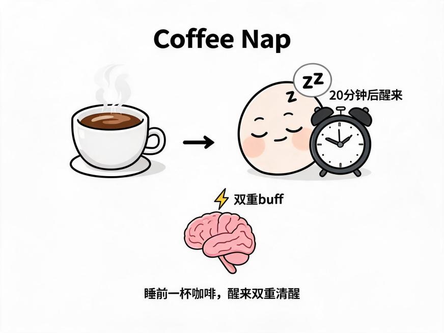 表情包风格图，标题为"Coffee Nap"，画面左侧一杯咖啡，箭头连接到右侧带Zzz气泡的睡觉图案，旁边放置一个闹钟标注文字"20分钟后醒来"，大脑上方亮起"⚡双重buff"图标，配文：睡前一杯咖啡预览效果