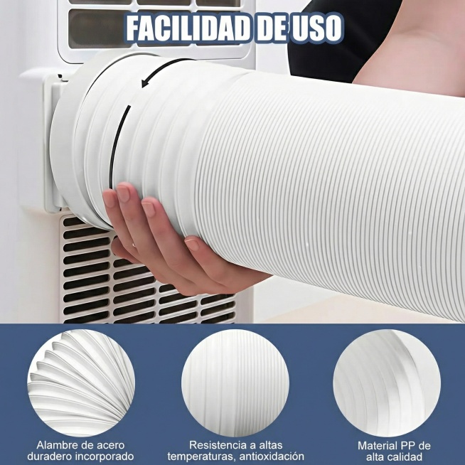 将图中文字替换为西班牙语：FACILIDAD DE USO，Alambre de acero duradero incorporado，Resistencia a altas temperaturas预览效果