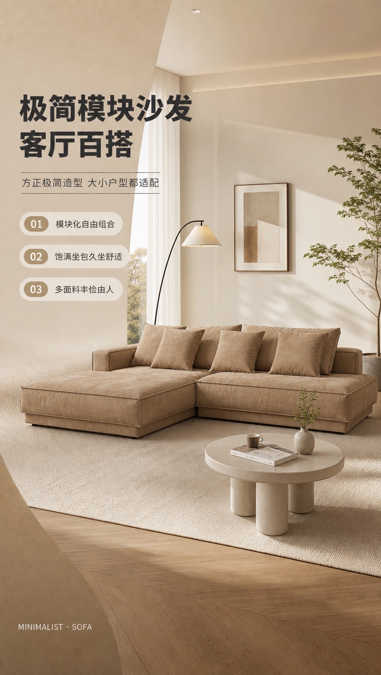 [商品] 使用【图1】卡其色L型模块布艺沙发；保留方正极简造型… - 图片创意预览
