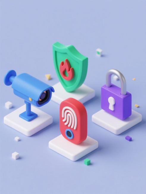 一组4个同风格、同类目的等距图标，每个图标都有不同的科技安全元素，分别是蓝色的监控摄像头、绿色的防火墙盾牌、红色的指纹识别器和紫色的数据加密锁，它们都放置在白色的方形底座上，周围有一些小的几何图形装饰，整体采用等距3D风格，纯色背景，每个图标都有独特的颜色，整齐地排列在一个画面中。预览效果