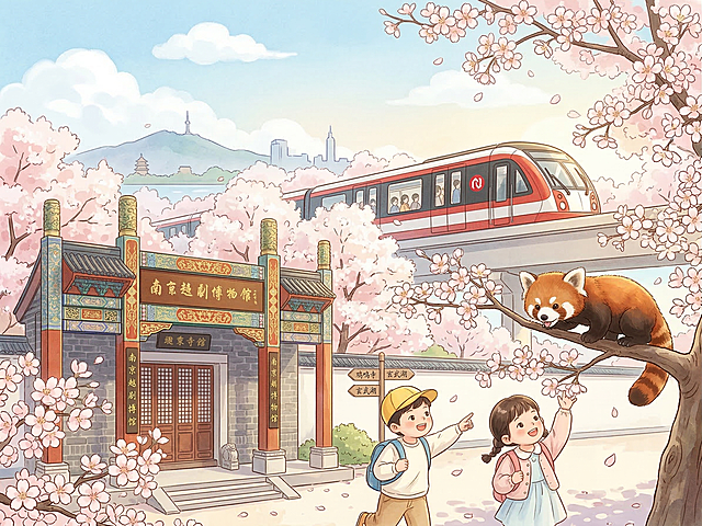 插画形式，春假南京旅行主题，融合用户提供的三个元素：南京樱花地铁、南京越剧场博物馆中式门楼、树枝上的小熊猫，再增加小朋友游玩元素，整体画面和谐清新，春日氛围，南京特色，插画风格