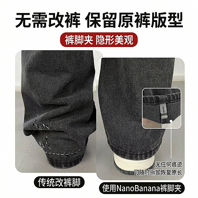 裤脚夹详情图-对比传统改裤脚，简约风格。左右对比图：左侧是传统针线改裤脚留下的针脚痕迹，裤子有针眼；右侧是使用裤脚夹固定的裤脚，无任何痕迹，可随时拆卸恢复原长。顶部文案“无需改裤 保留原裤版型”，文字不遮挡对比内容。1:1比例 2k分辨率，产品外观和上传的裤脚夹完全一致