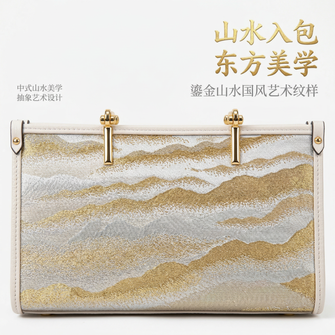 基于原图产品，对新中式国风鎏金山水织锦提花手提包的鎏金山水纹样区域做正面近距离特写，严格保留鎏金山水提花纹样、奶白真皮包边、亮金五金配件所有细节。尺寸比例1:1竖版。添加文字：画面右上角主标题"山水入预览效果