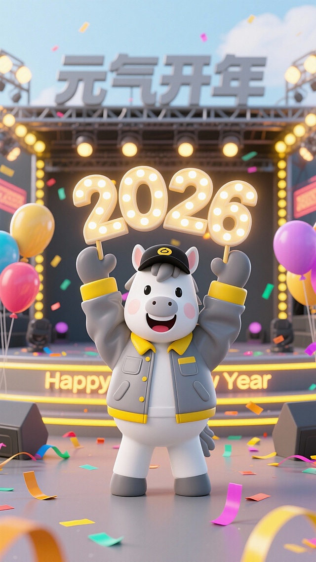 3D卡通风格的拟人小马，身穿工装外套，手持发光“2026”灯牌，舞台背景霓虹闪烁，彩带飘飞，塑料质感饱满，喜庆迎新。