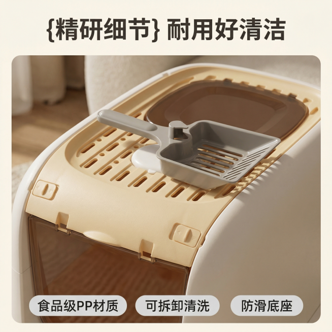 [主图 3] 全封闭式大号猫砂盆细节材质展示
[氛围风格] 温馨舒适家居治愈风，自然柔和室内光影。
[画面元素] 商业摄影质感、光线柔和通透、产品清晰真实、画面干净高级。全屏展示猫砂盆顶部漏砂结构和入预览效果