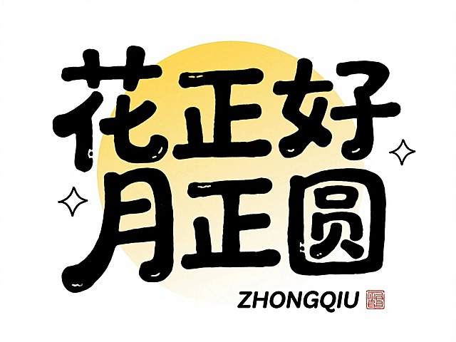 黑色标题组合设计：“花正好 月正圆”，左右点缀极简的四角星涂鸦，右下角加拼音 “ZHONGQIU” 与红色中式小印章。文字布局紧凑，后方衬渐变黄色圆形，白色背景